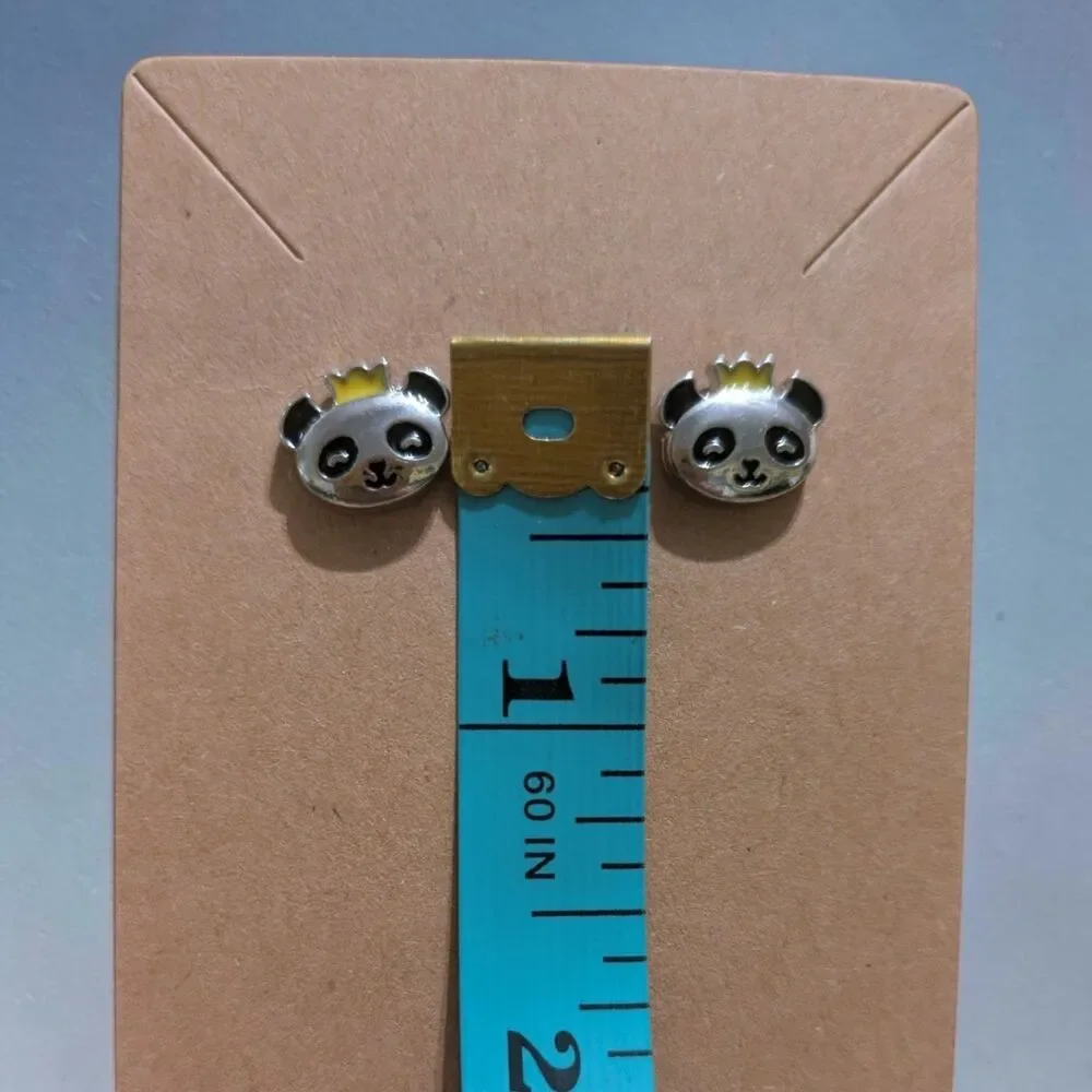 Mini Panda Crown Stud Earrings Silver Tone Cute Kawaii Animal Jewelry Gift